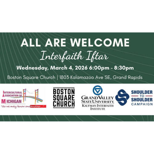 Graphic with "All are welcome. Interfaith Iftar. Wednesday, March 4, 2026 6-8pm. Boston Square Church."